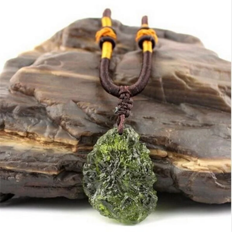 

Hot Sale Moldavite green aerolites crystal stone pendant energy apotropaic free rope Unique Necklace