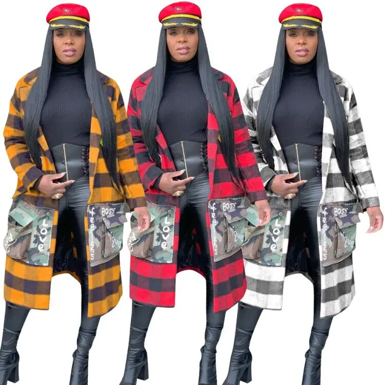 Women Long Coat Plaid Grid Printed Winter Autumn Fall Cardigan Long Letters Camo Print Floral Maxi Jacket for Ladies RS00220