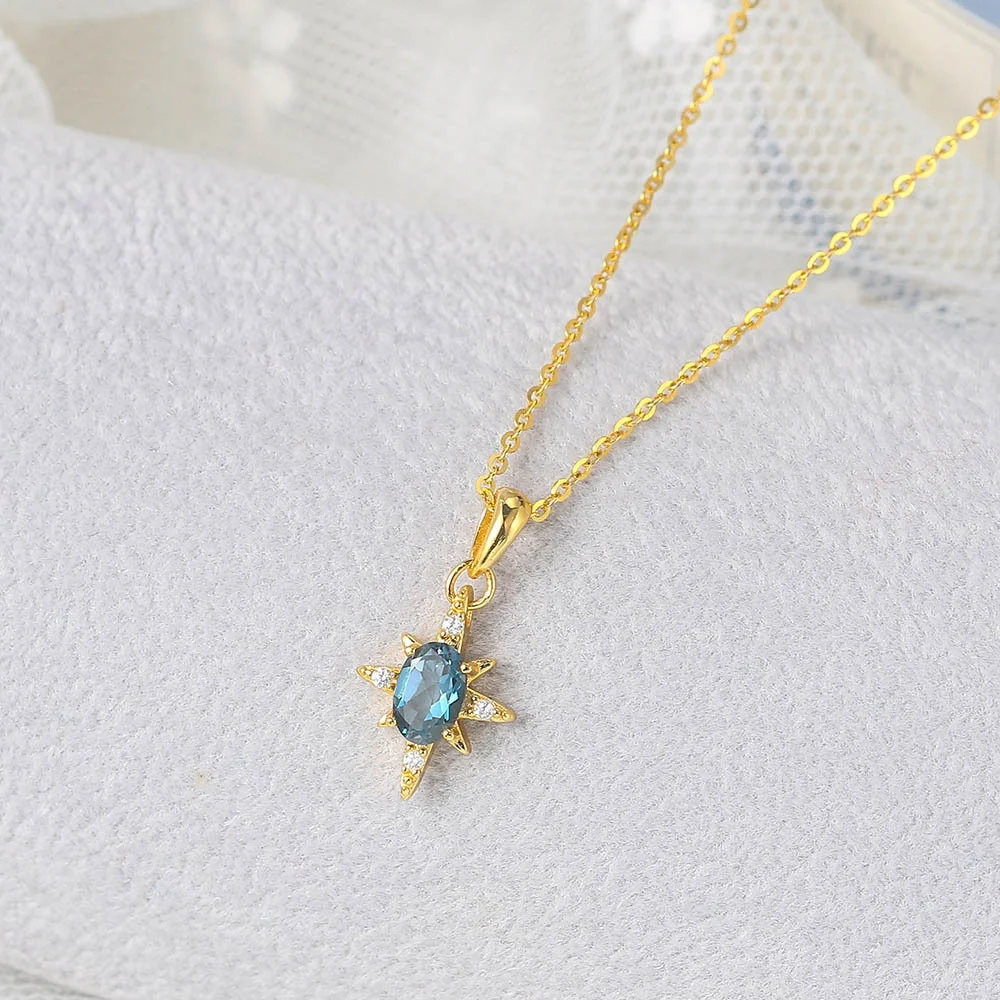 

Elegant luxury sterling silver jewelry 14K real gold plated eight-pointed star natural blue topaz pendant necklace for women, As the pic show