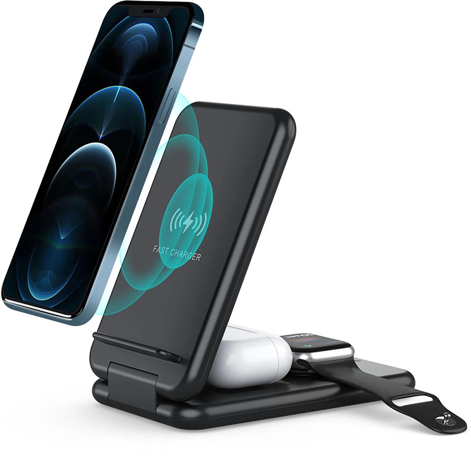 

2021 New Foldable 3 in 1 Wireless Charger, Qi wireless Charging Station Dock 15W Fast Charge for iPhone Watch Earphone