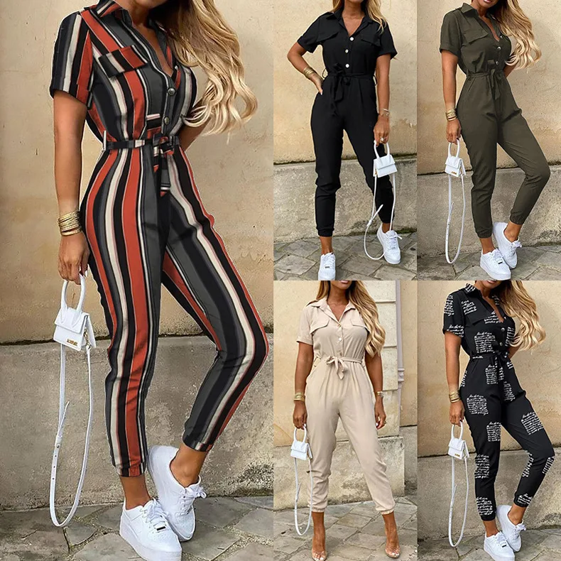 

Fashion Women's Casual Lapel Print BeltTooling Jumpsuits Women 2021