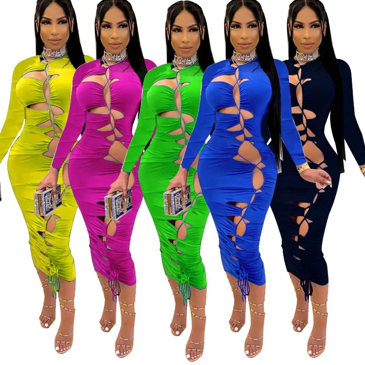 

QC-YW0436 Autumn fall party elegant long hollow out long sleeve women's sexy dress