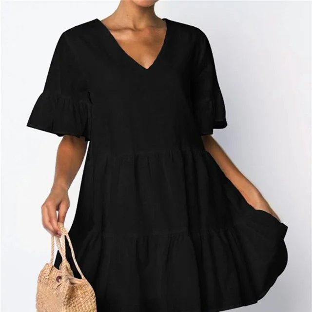 

2021 New Casual Solid Color V-neck Short-sleeved Loose Multi-layer Dress, Picture showed