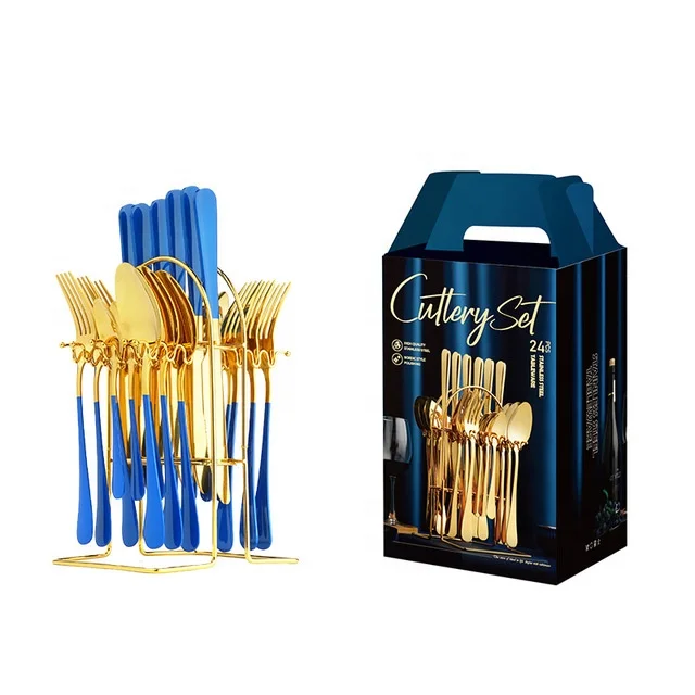 

High Quality Gift Box Luxury 24pcs Stainless Steel Gold Dining Spoon Fork Flatware Cutlery Set, Black gold,red gold,pink gold,white gold