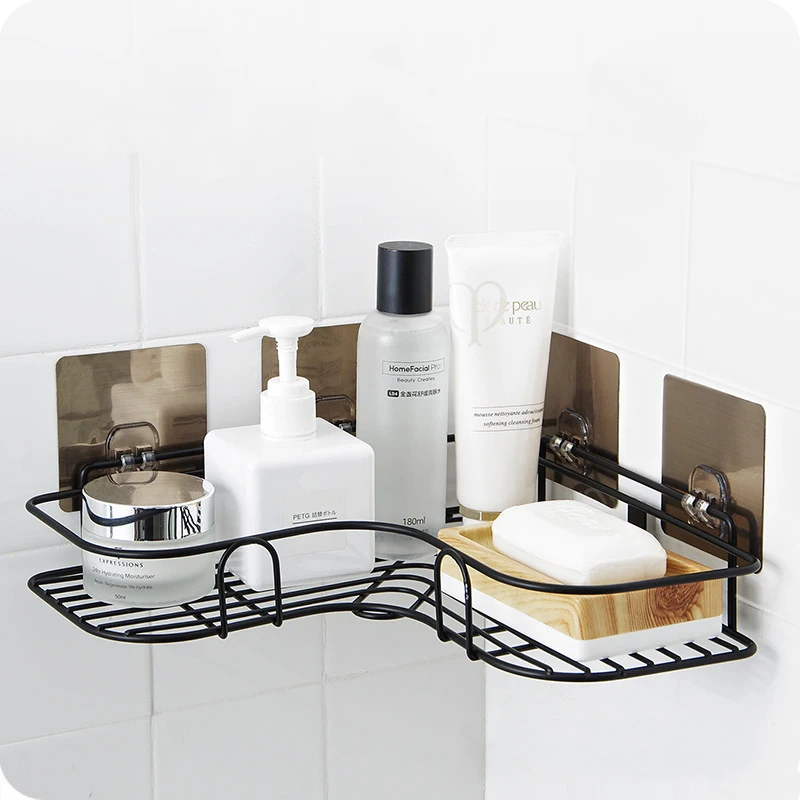 

Wall Mount Rack Corner Bathroom Organizer Stainless Steel Shelf Kitchen Storage Shelf Bathroom Accessories Organizer, Black