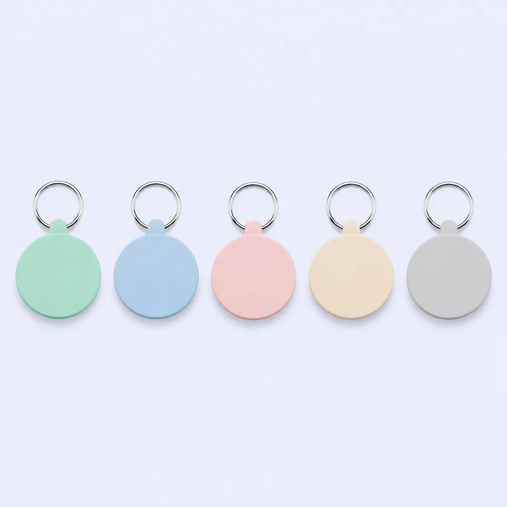 Five pastel keychain tags in green, blue, pink, yellow and grey