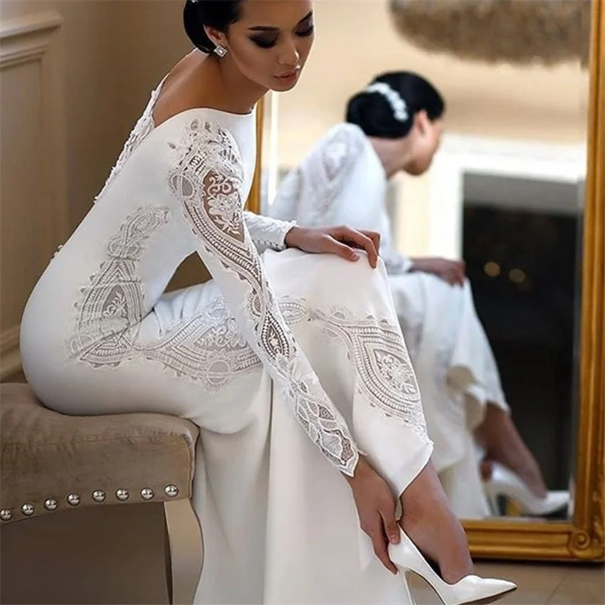 

Gorgeous Long Sleeve Lace Satin Wedding Dress Sheath Reception Bridal Gown Plus Size