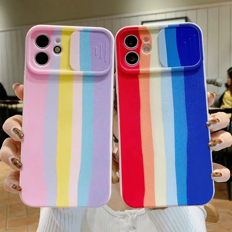 

Cheap Factory Art Oil Rainbow Slide Camera Protector Phone Cases For iPhone13 11 12 Pro Max XS XR X 8 7 Plus Soft Silicone Cover