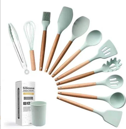 

DiYue Homeware DIY21114 Nordic Nonstick Pan Spatula 11pcs Beech Wood Handle Cooking Tools with PP Holder Silicone Utensils Sets