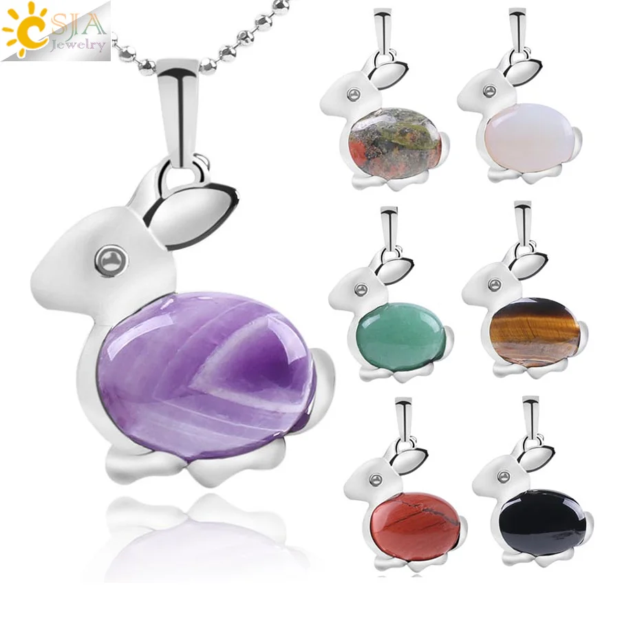 

CSJA natural crystal stone rabbit pendants necklaces amethyst rose quartz crystal necklace fashion gemstone jewelry F095