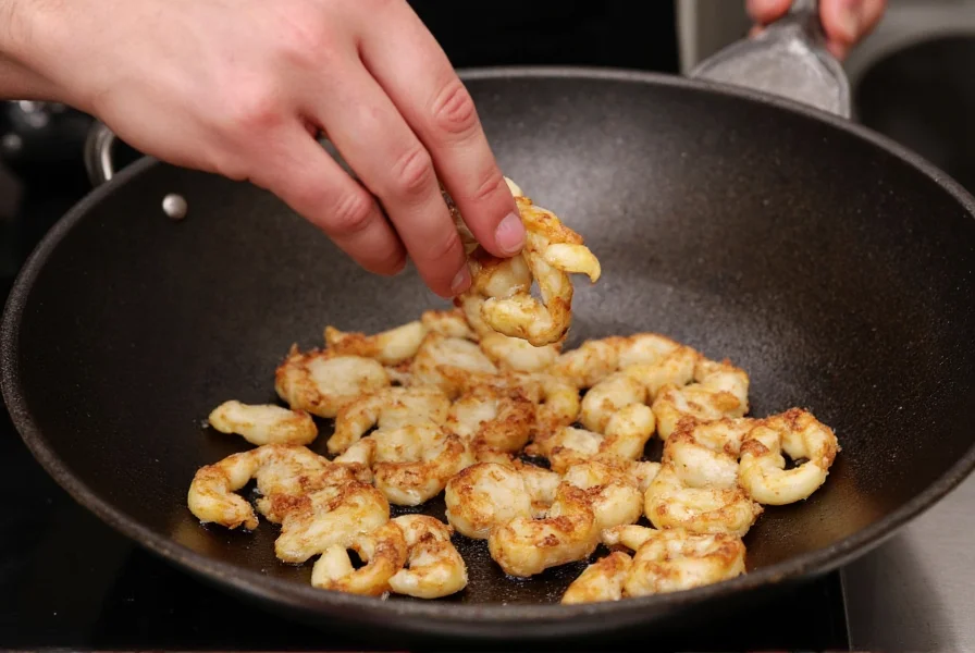 Close-up of chef tossing freshly fried salt pepper squid in a wok with visible seasoning blend and garlic pieces
