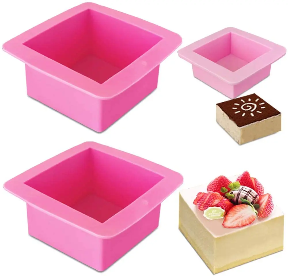 

3 pieces square baking silicone mold for cheesecake layer cake handcrafted toast bread mold soap mold, Pink