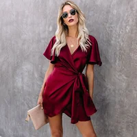 

New style V neck summer ruffle elegant lady clothing women sexy party satin wrap dress