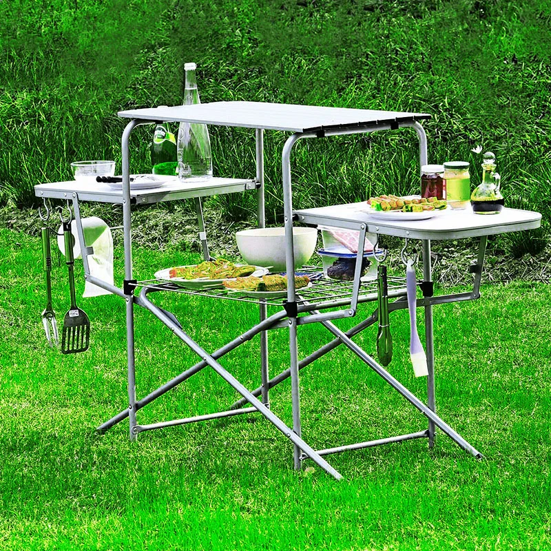 

Outdoor Folding BBQ Table Portable Aluminum Alloy Table Multifunctional Shelf, White