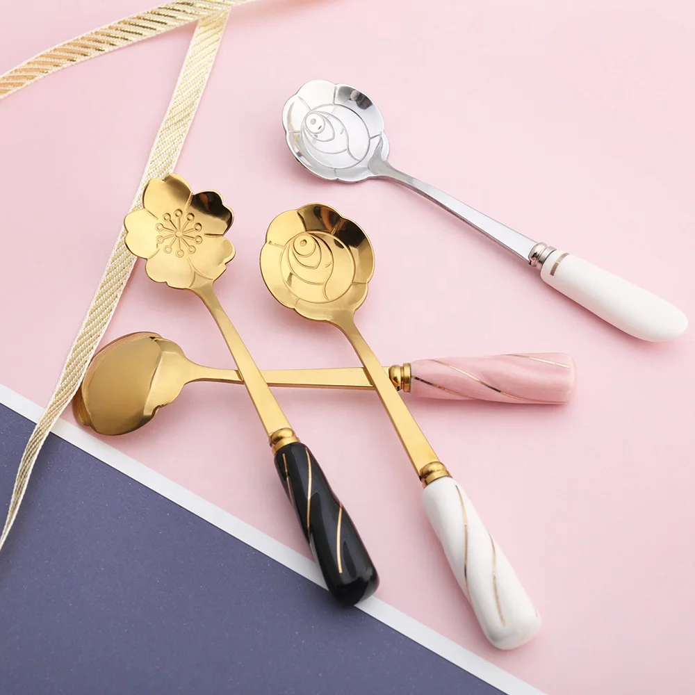 

Factory Wholesale Ceramic Handle Flower Stainless Steel Honey Coffee Spoons Gold Tea Spoon, White gold, pink gold, black gold