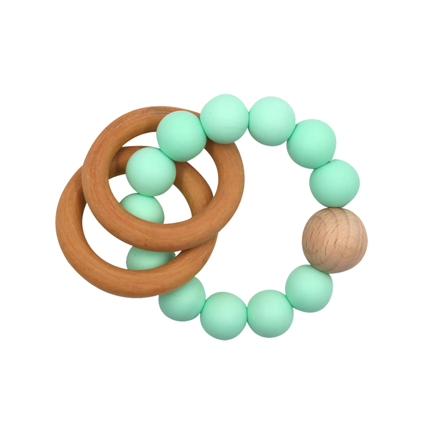 

Eco-friendly food grade silicone teether baby wooden teething ring wooden bracelet, Make with clients' designs with pantone color codes