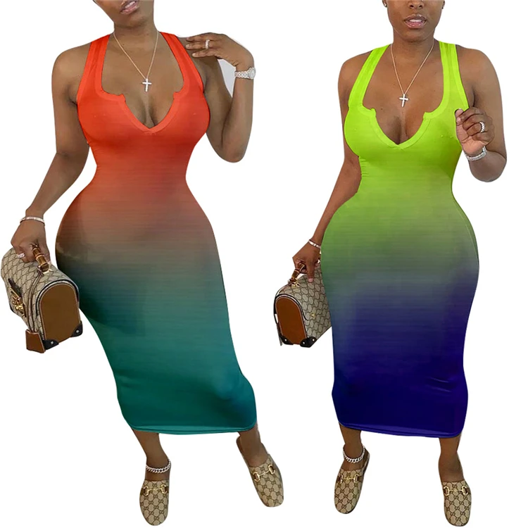 

DUODUOCOLOR Fashion sexy tight v neck sleeveless gradient color party wearing high quality trending dress 2021 D97729