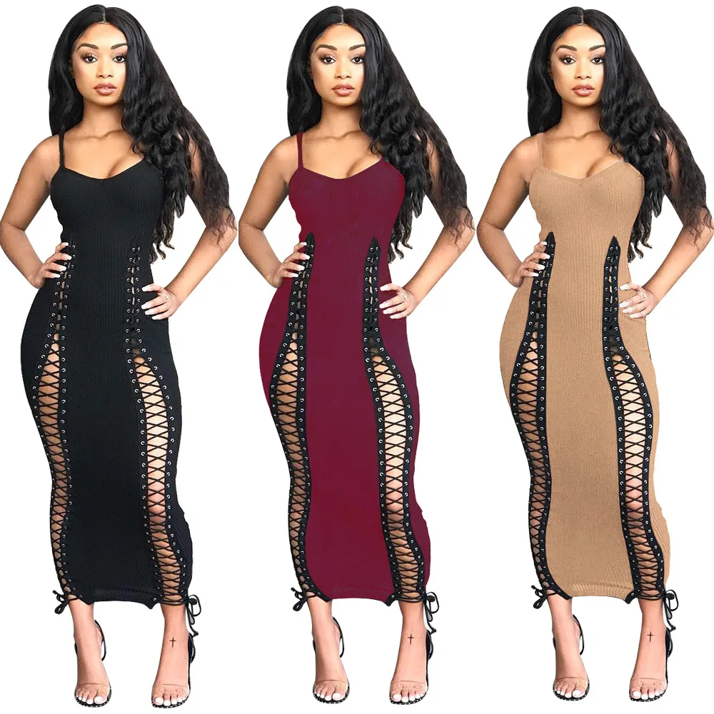 

elastic ribbing spaghetti strap Sexy ladies Lace Up Grommet Knitting Midi Knitting Woman Dresses Vestidos Muje