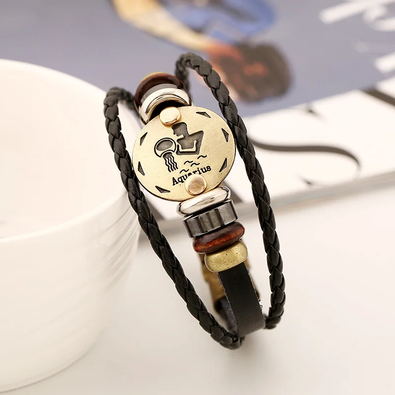 

Punk 12 Zodiacs Leather Bracelet Birthday Gift Retro Men Zodiacs Bracelet Student Accessories, Picture shows