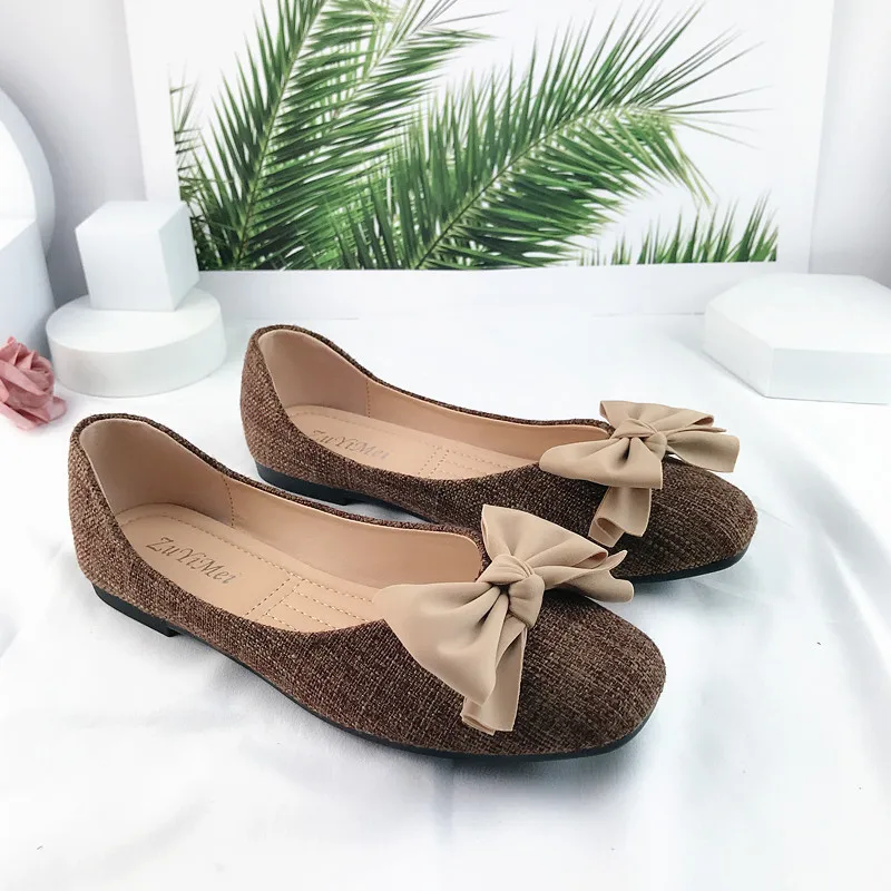 

Bow knot decor linen upper women penny shoes slip on soft and comfy lady flats footwear square toe female driving shoes