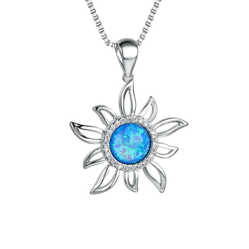 

Cute Sunflower Pendant Necklace White Blue Opal Stone Flower Necklace Dainty Silver Color Chain Necklaces For Women Boho Jewelry