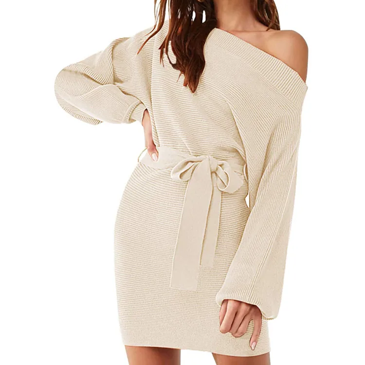 

Women's One-shoulder One-neck Knit Dress Casual Slim Bat Sleeve Mini Sweater Dress With Belt