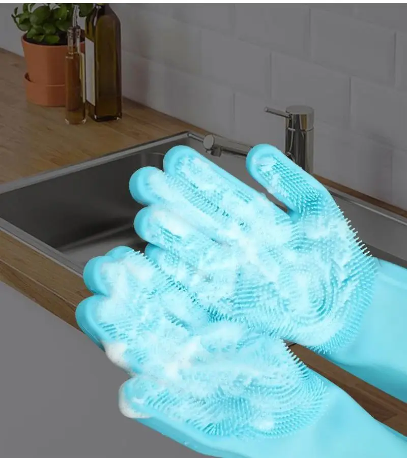 

Free Sample Kitchen Dishwashing Rubber Gloves Scrubber Magic Silicone Dishes Cleaning Brush Washing Glove