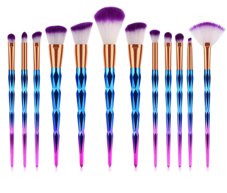 

Amazon Hot Selling Rainbow Colorful Diamond Handle Makeup Brush Set 12 PCS Blending Eyeshadow Foundation Make Up Brushes