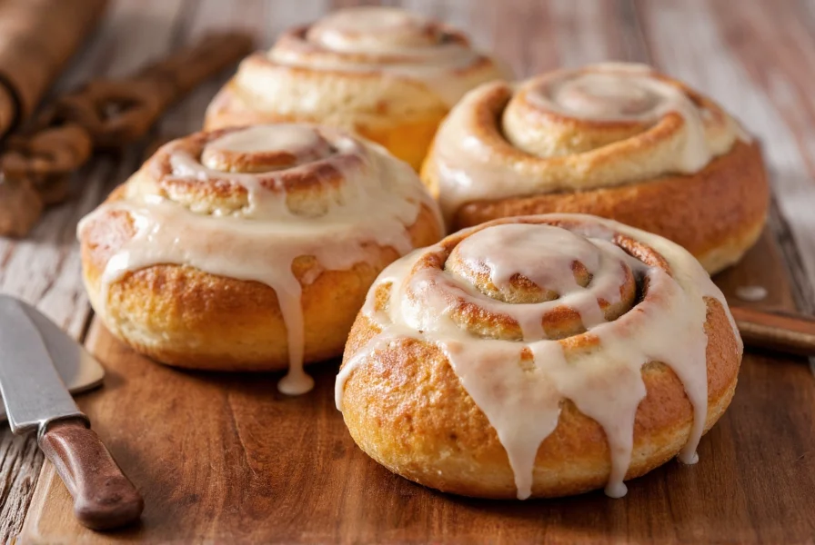 High-resolution cinnamon roll background featuring three freshly baked cinnamon rolls with icing drizzle on rustic wooden table, soft natural lighting, shallow depth of field