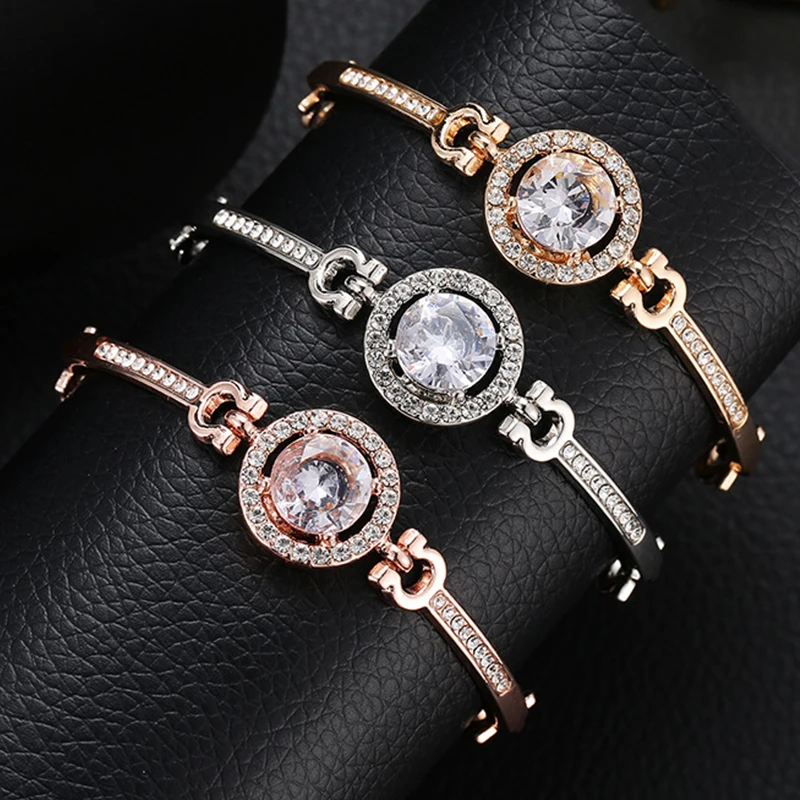 

Fashion Elegant Gift Gold Silver Rose Plated Crystal Rhinestone Charm Zircon Women Adjustable Bracelet Jewelry For Girls, As picture