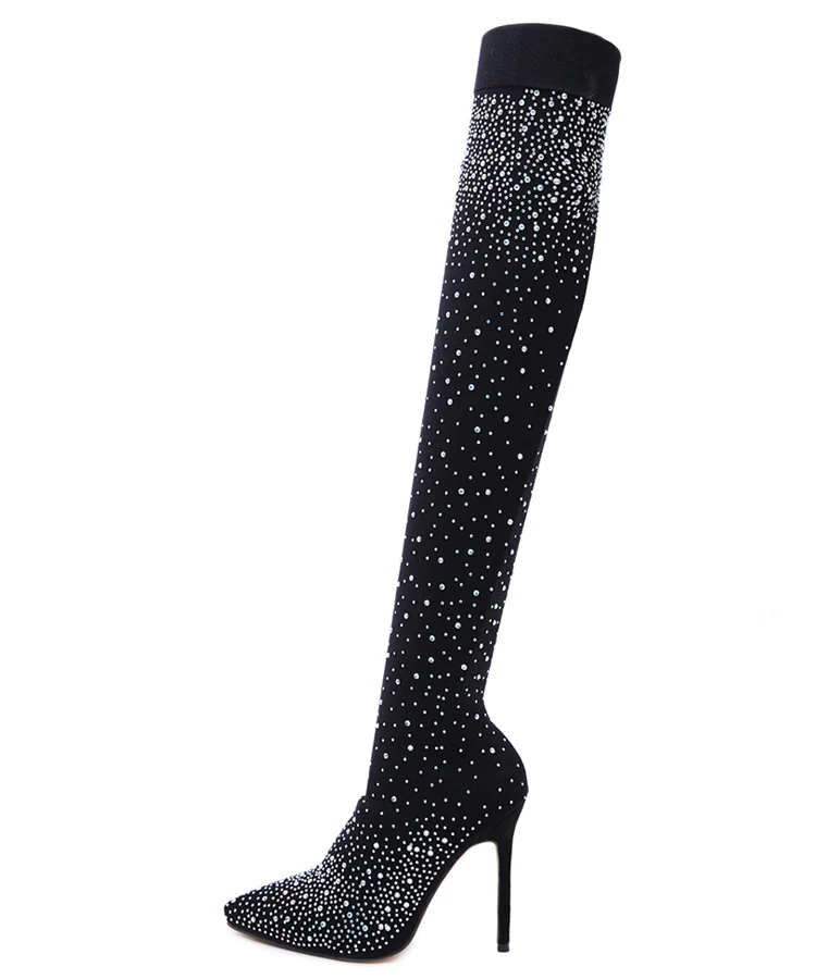 

101261 ISEEYOUFIRST shoes women Long Sock Boots High-heeled Luxury Rhinestone over the Knee Boots Pointed women's shoes, Black