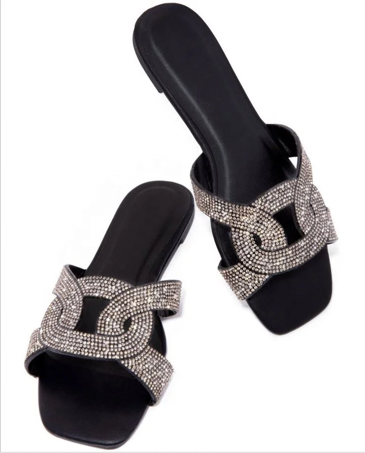 

Women's Slippers: flat bottomed women's shoes in summer 2020, diamond decorative square head outdoor slippers drop shipping, Black, silver