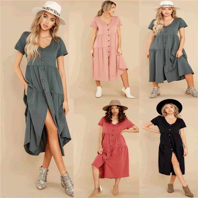 

ZC00629 Summer New Women's Fashion Long Slim Mid-length Elegant Dress Single-breasted Solid color Women A-line Casual Dresses