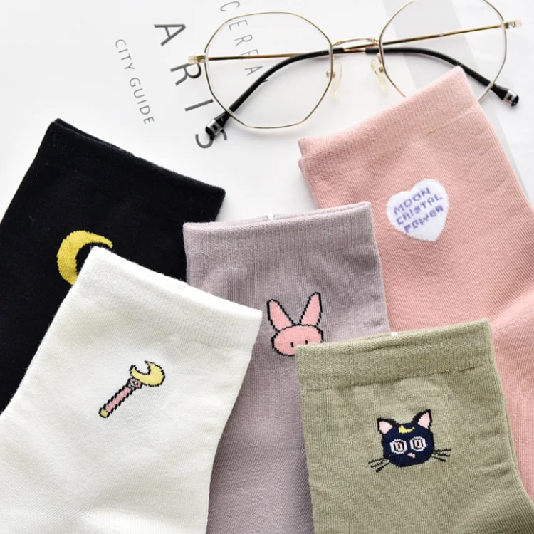 

Women Solid Lovely Patterned Harajuku Socks Cotton Casual Cute Cat New Year Gift Socks For Female Sweat Absorption Breathable, Black,pink,white