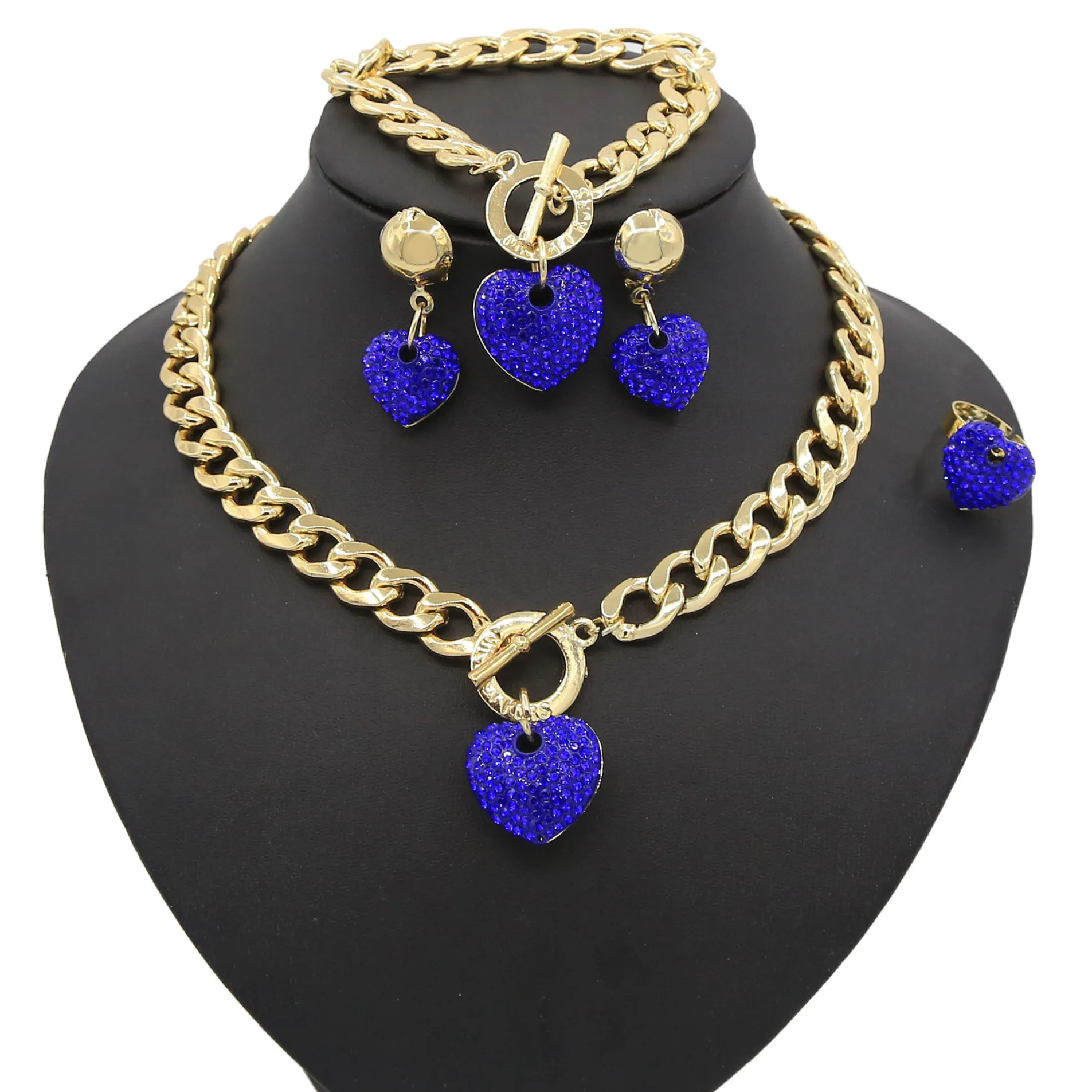 

Royal Blue Heart Pendant Necklace Rhinestone Main Stone Gold Plated Fashion Jewelry Set For Women's Party Wedding