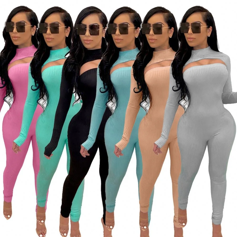 

New Arrival Tight Solid color Nightclub sexy hollow-out pit jumpsuit + jumper two sets long sleeve two piece short set, As picture or customized make