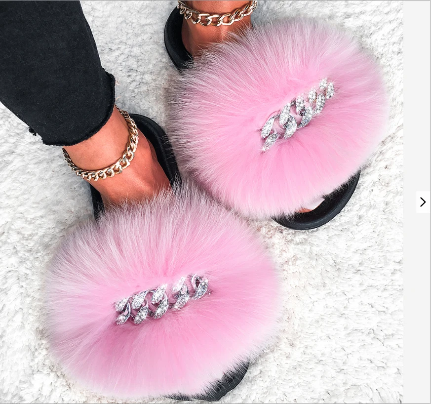 

Fox Sandals Furry Fur Slippers Fluffy Flip Flops Diamond Chain Fur Slides For Women Ladies, Customized color