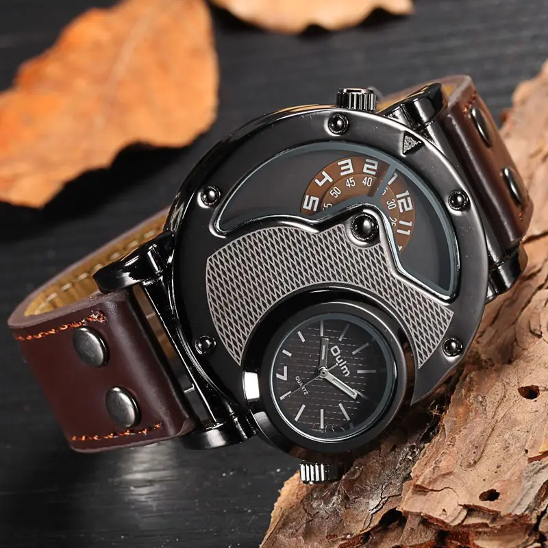 

Oulm 9591 famous colors gents quartz watch low price PU leather strap dual time cool storage business hand watch