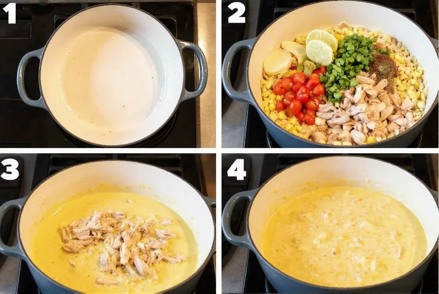 Step-by-step preparation of creamy chicken white chili in a cast iron pot with fresh ingredients