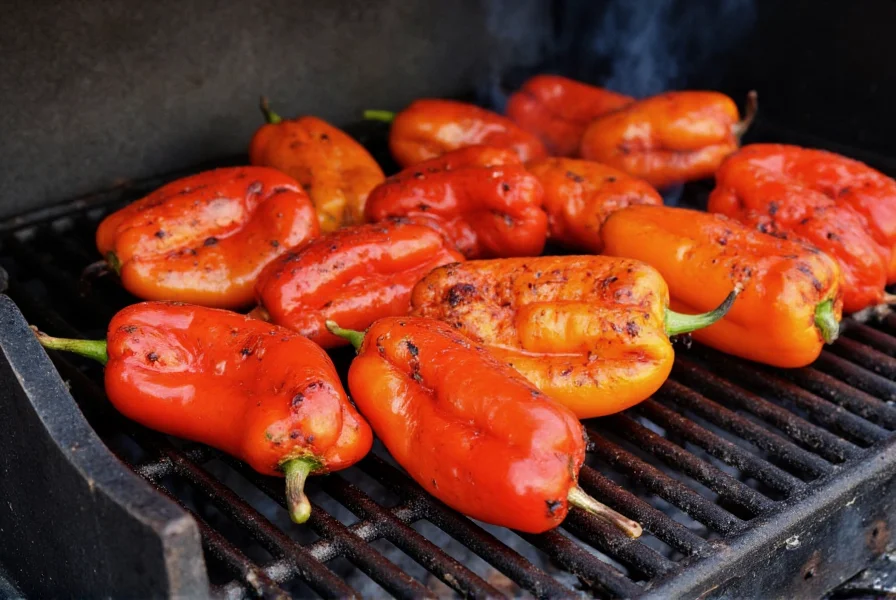 Cubanelle peppers being roasted on grill with Mediterranean herbs