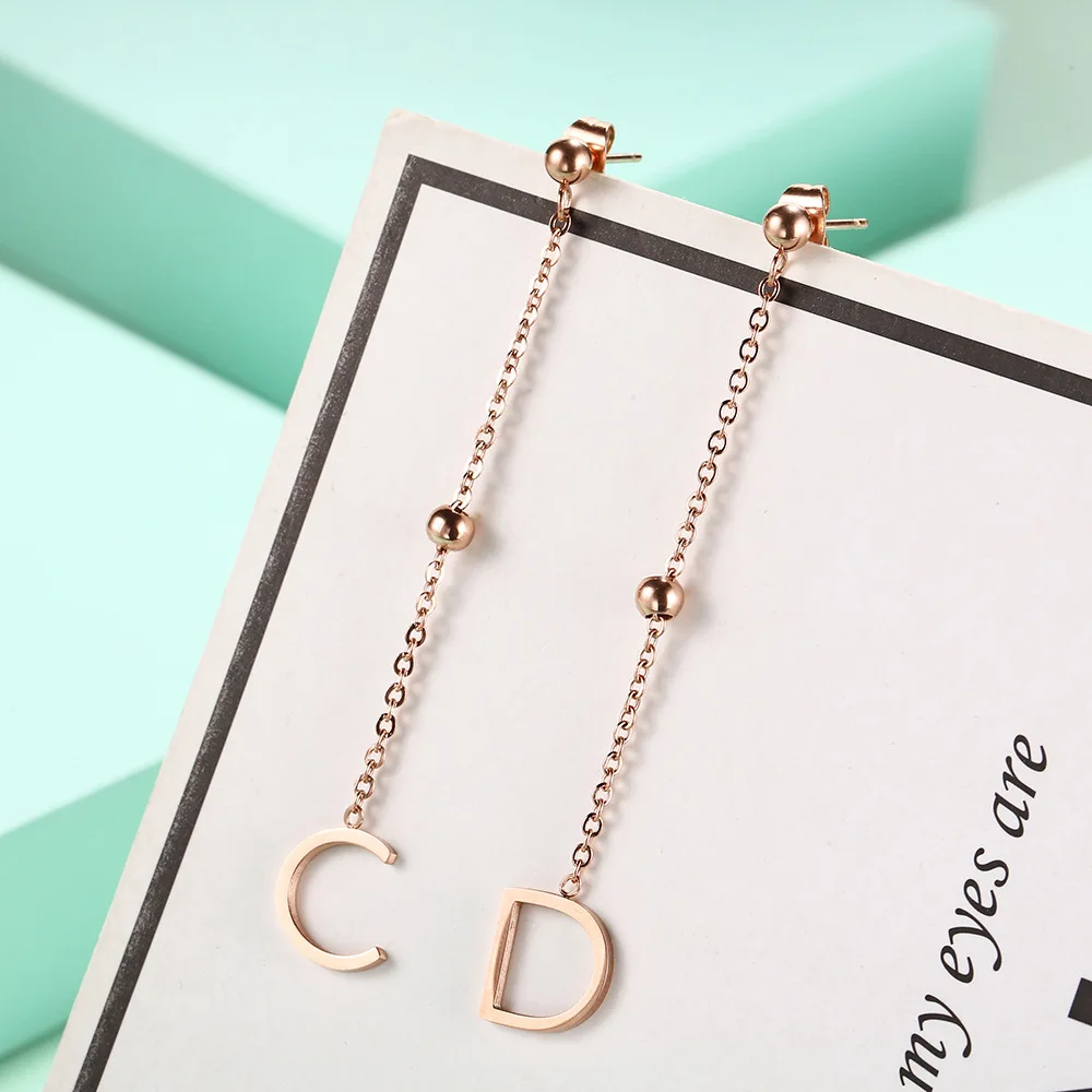 

Spring and Summer new letter long girls titanium steel small jewelry 18K rose gold earrings wholesale, Silver-gold-rose gold