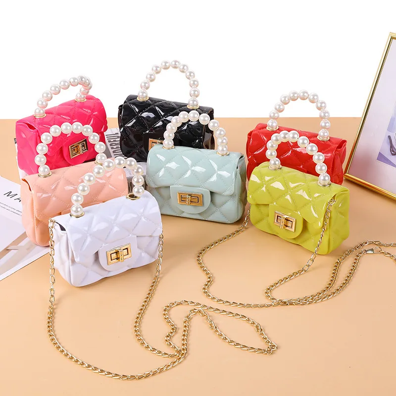 

2021 pearl jewelry accessories cute little girls shoulder crossbody bag jelly mini kids handbags purse, 12 colors