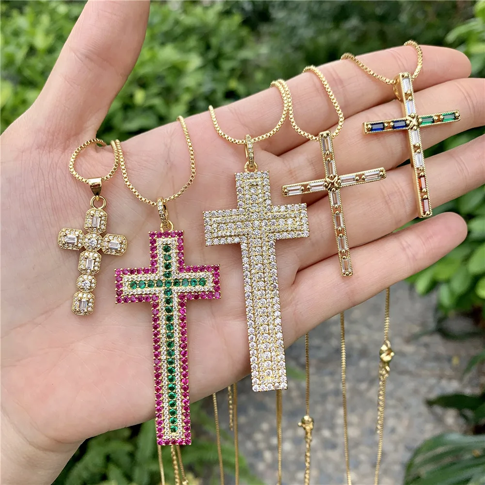 

LS-B1887 Ins hot necklace cross shaped charm pendant necklace colorful cz micro pave necklace for gifts, As is