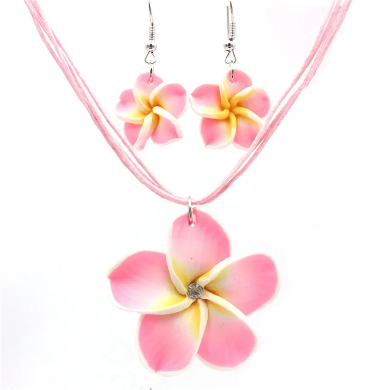 

Hot selling Colorful Hawaiian Fashion Jewelry Polynesian Flower Dangle Clay Earring Handmade Plumeria Polymer Earring Necklace, Customized accetable