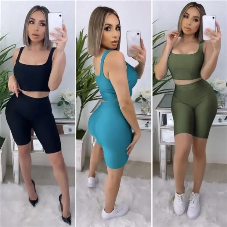 

MISSMOEN Latest Arrival Solid Tank Crop Top Women Clothes 2021 Summer Outfits Short Two Piece Set Women Clothing