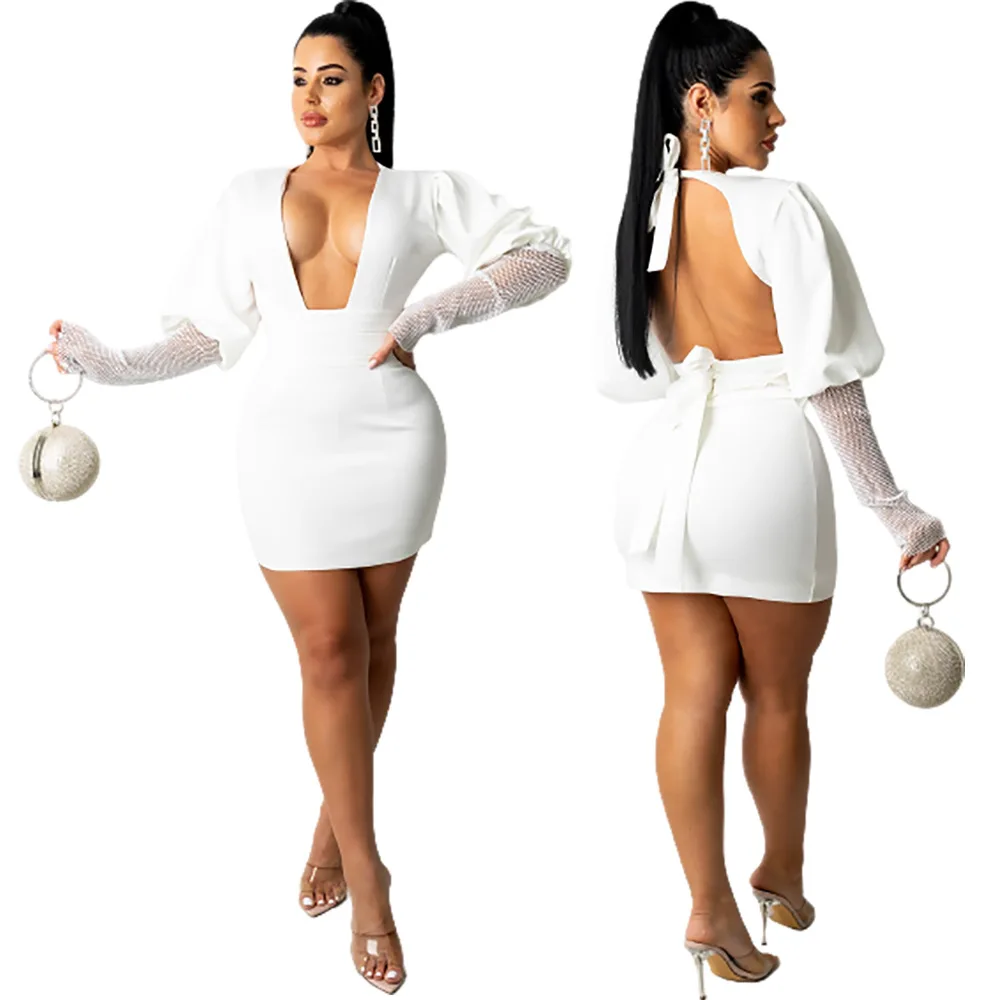 

D12351 sexy deep v-neck back hollow out mesh solid color white elegant casual bodycon dress for women 2021 trending