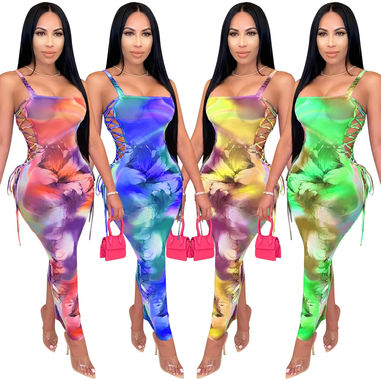 

Fashion Summer Women Sexy transparent 2021 Club See Through Mesh Suspender maxi dress hollow out Bodycon Bandage Dresses