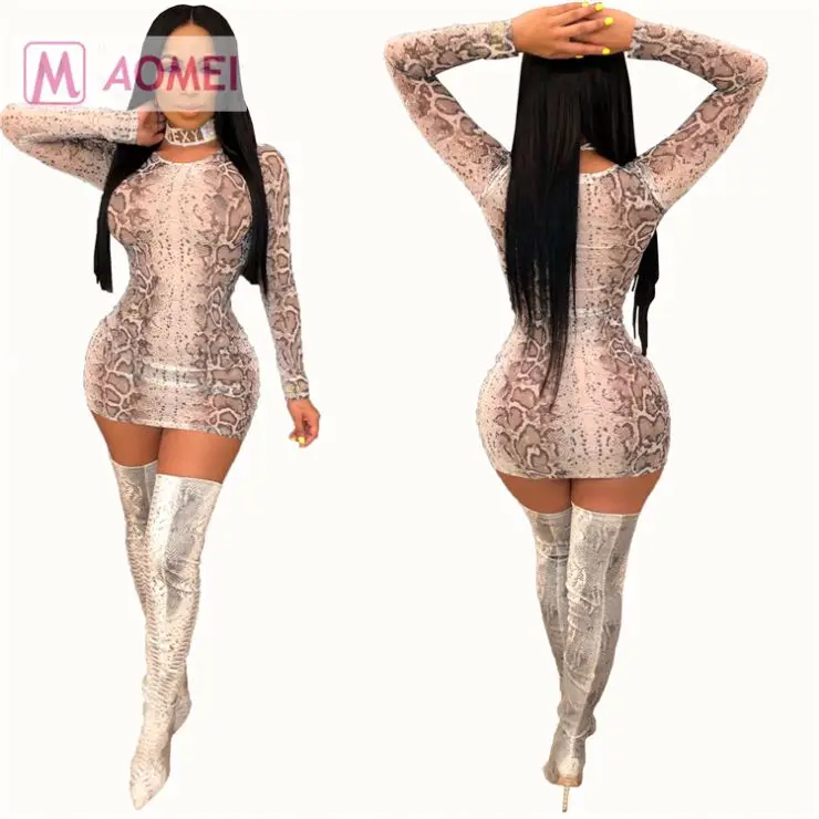 Y0010 cheap price long sleeve Serpentine printing warp hip night club women bodycon sexy dress