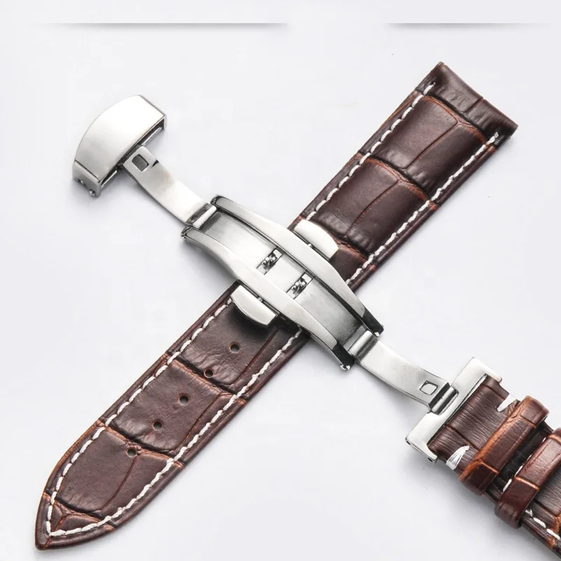 

New Calfskin Genuine Leather Release Watch Strap with Solid Butterfly Buckle Double Buckle Leather Strap Wood Packaging Box, 6 colors