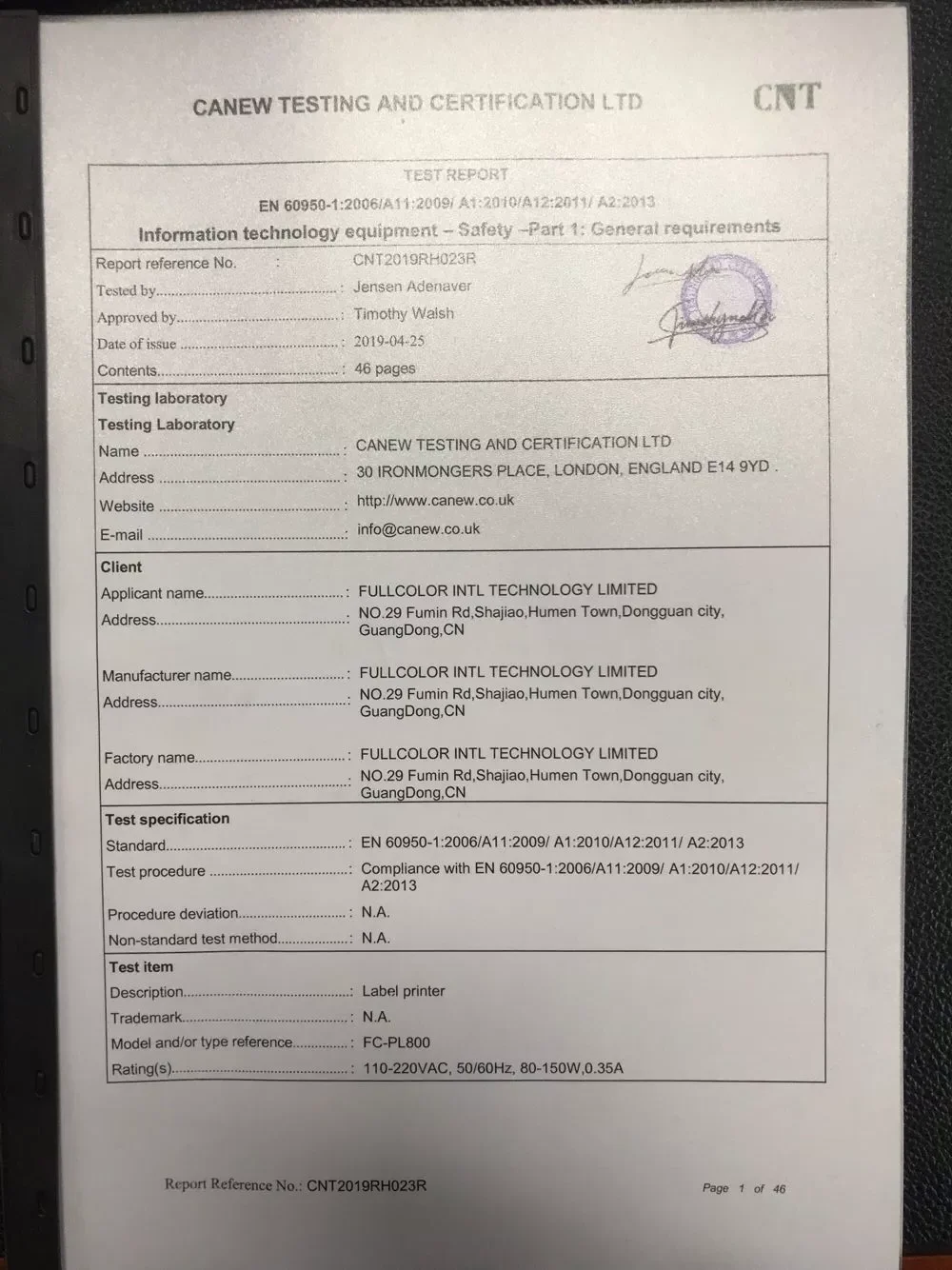 Label printer certificati